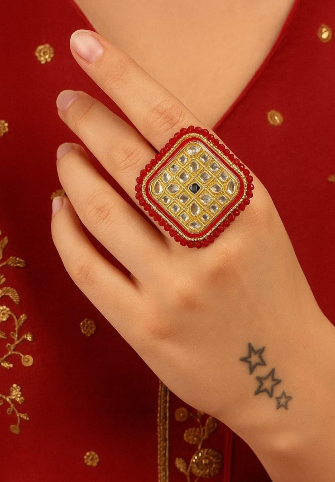 Rings Kundan Square Red Kundan Golden Ring